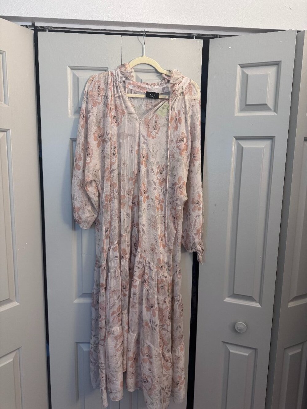 VICI Blush Pink Floral Sheer Tiered Maxi Dress